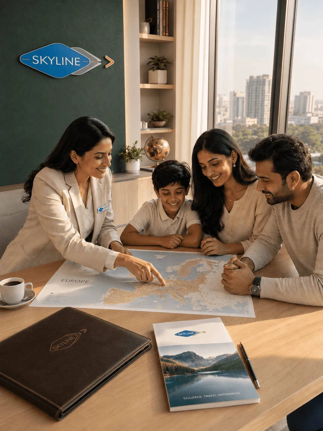 Indian travel consultant helping a family plan a Europe tour