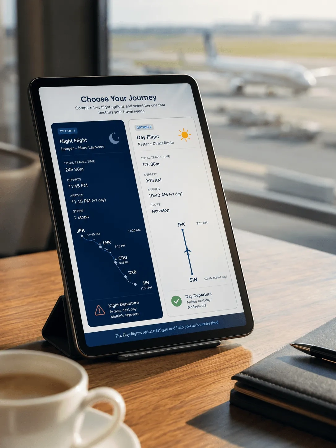 Tablet showing a comparison of international flight itineraries