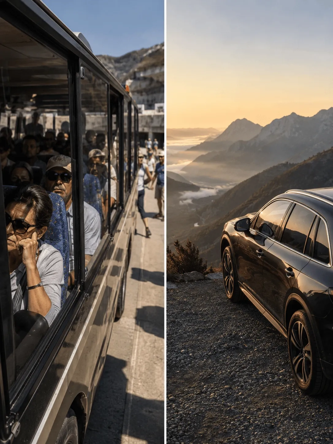 Crowded tour bus compared with a private SUV journey